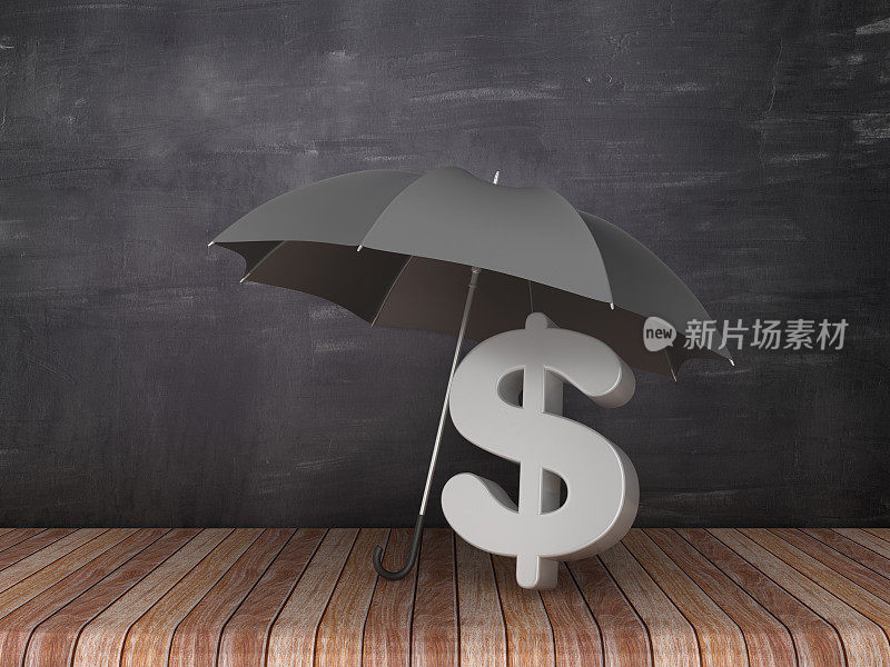 雨伞与美元符号在木地板-黑板背景- 3D渲染